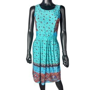 Reborn‎ Paisley Print Midi Dress Teal Sleeveless Casual Boho Pocket M